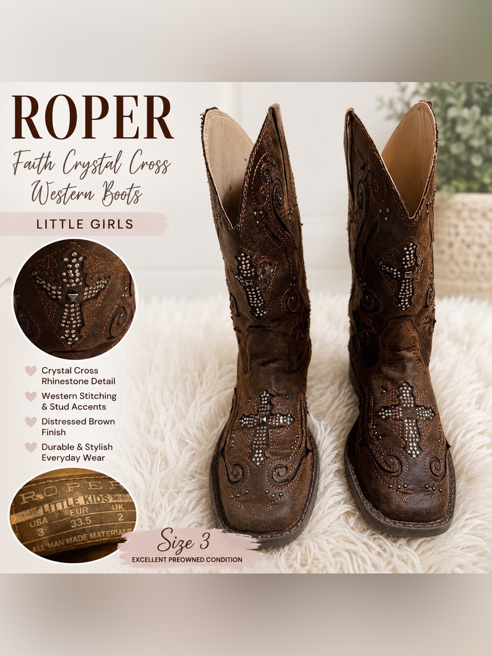 Roper Girls Faith Crystal Cross Rhinestone Western Cowboy Boots – Size 3